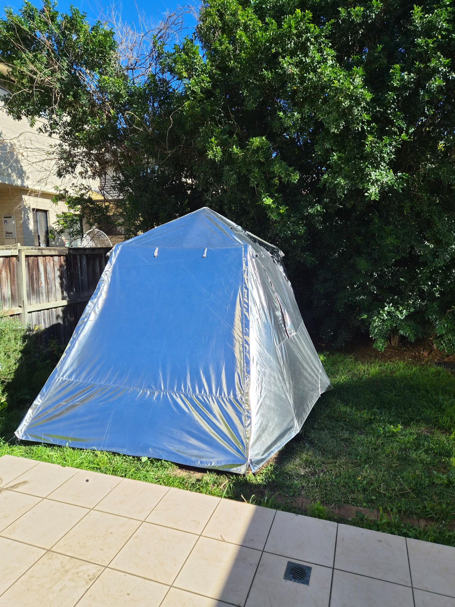 Cool Shade Pro reflective prototype set up outdoors in direct sun